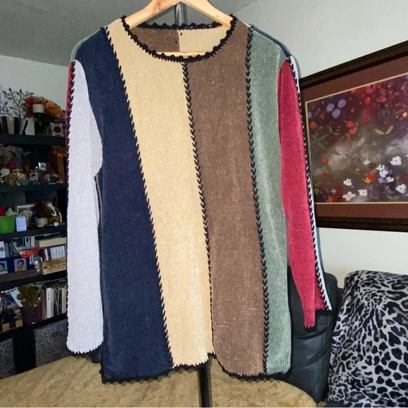 90’s Patchwork Colorblock Vintage Soft Chenille Knit Sweater Size Large - Picture 13 of 17